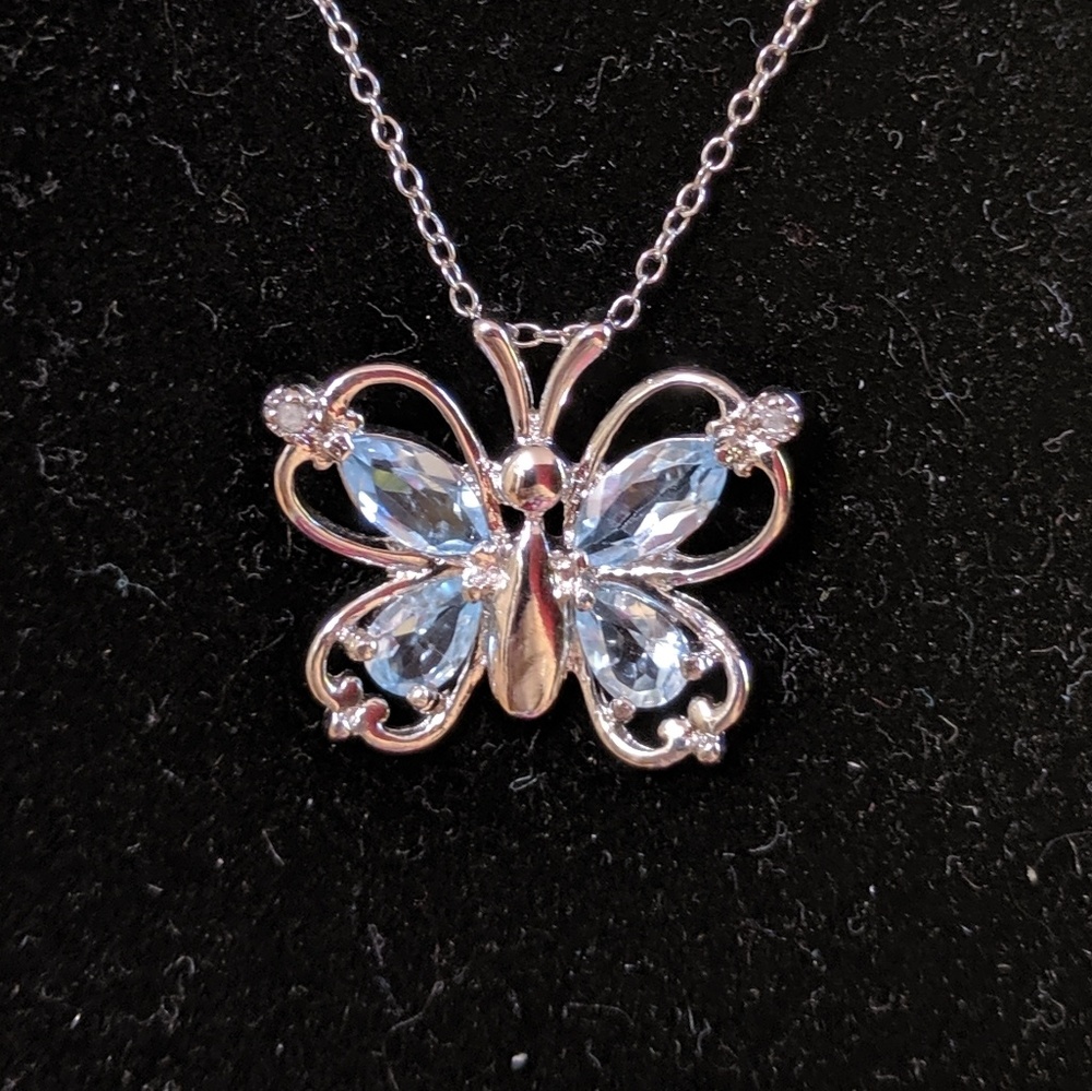 Silver Necklace With Blue Crystal Butterfly